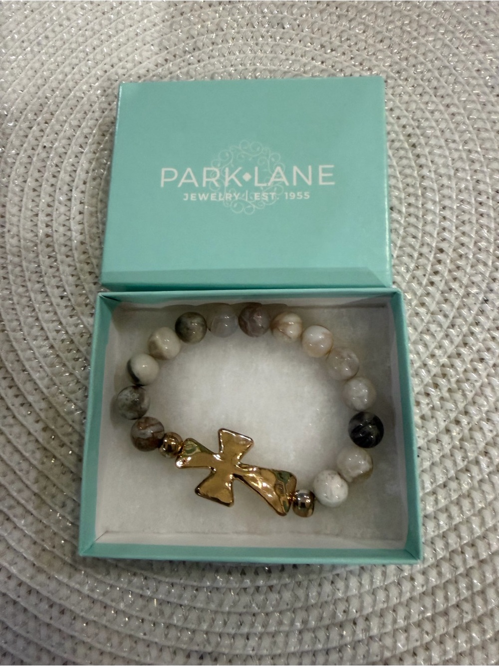 Park Lane Neutral Stone Beaded Bracelet with Gold Cross